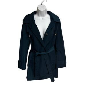 London Fog Single Breasted Belted Rain Trench Coat in Dark Teal Size Small